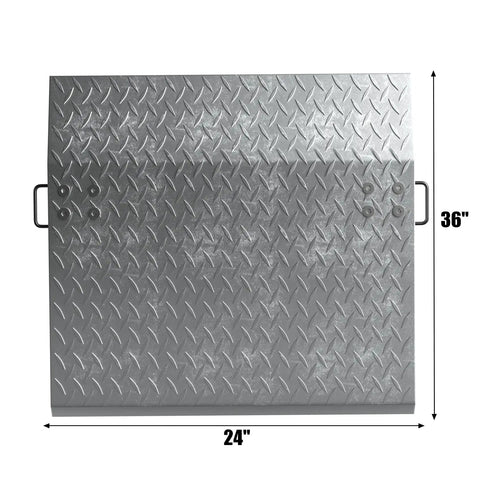 Rock Solid Aluminum Dock Plate 24 X 36 Inch Ramp With 3600 Pounds Capacity showing diamond tread surface and grippy handles.