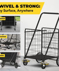 Beastly Folding Shopping Cart With 5.7 Cu Ft Space, 600 Lb Capacity, showing 360-degree braked swivel wheels on various pavements.