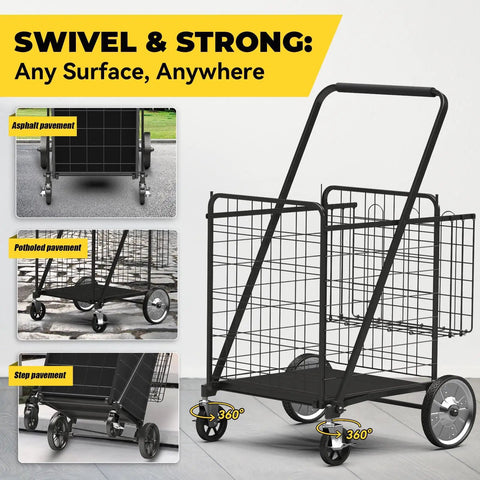 Beastly Folding Shopping Cart With 5.7 Cu Ft Space, 600 Lb Capacity, showing 360-degree braked swivel wheels on various pavements.