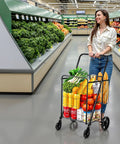 Woman pushing folding shopping cart with heavy duty metal frame, 110 lb load capacity in grocery aisle