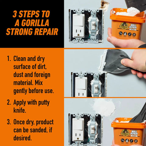 Heavy Duty Wall Repair Spackling Plus Primer 16 Oz White Tub Patch Cracks Holes And Uneven Ceilings With Smooth Finish Easy To Spread No Sag Or Cracking Durable Repair For Walls shown with application steps.