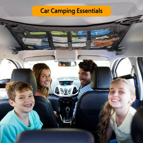 Overhead Vehicle Cargo Net With Three Pockets 31.5 X 21.6 Inch Roof Storage Mesh Organizer in car interior for family travel