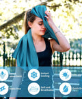 Woman using 4 Pack Cooling Towels For Gym And Outdoors 40x12 Inches Soft Breathable Microfiber Instant Chill Reusable Sweat Towels