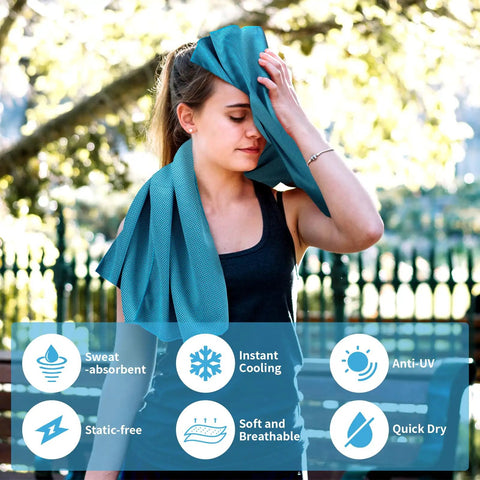 Woman using 4 Pack Cooling Towels For Gym And Outdoors 40x12 Inches Soft Breathable Microfiber Instant Chill Reusable Sweat Towels