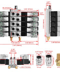 5 Way 3 Position Pneumatic Solenoid Valve Kit Plug And Play With 24V DC Coil For PT One Quarter Ports Internally Piloted 6mm Inlet Outlet 8mm Base Fittings Muffler Quick Fittings Set Manifold Base CE Certified 0.15 To 0.8 MPa with dimensions shown