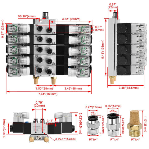 5 Way 3 Position Pneumatic Solenoid Valve Kit Plug And Play With 24V DC Coil For PT One Quarter Ports Internally Piloted 6mm Inlet Outlet 8mm Base Fittings Muffler Quick Fittings Set Manifold Base CE Certified 0.15 To 0.8 MPa with dimensions shown
