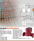 Heavy Duty Three Speed Water Circulator Pump Replacement For Hydronic Heating Systems 115 Volts UPS1558FRC with technical specs diagram.