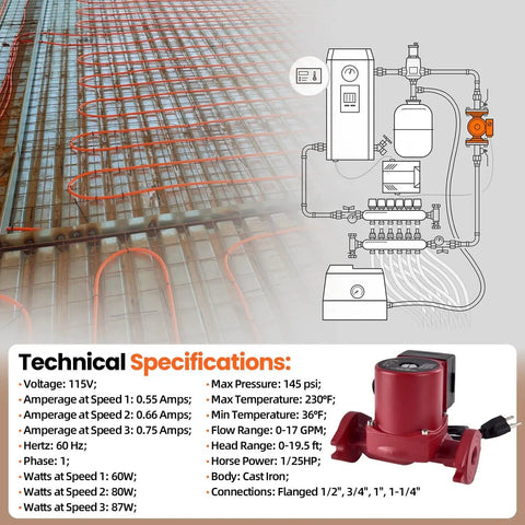 Heavy Duty Three Speed Water Circulator Pump Replacement For Hydronic Heating Systems 115 Volts UPS1558FRC with technical specs diagram.