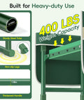 Garden Kneeler And Seat With Anti Tip Extendable Legs, foldable, showing steel tube, non-slip legs, 400 lbs capacity, deep green.