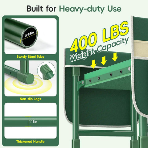 Garden Kneeler And Seat With Anti Tip Extendable Legs, foldable, showing steel tube, non-slip legs, 400 lbs capacity, deep green.
