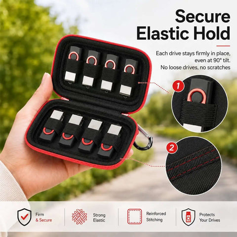 Rock Solid USB Stick Case And Thumb Drive Holder Clutch Tech Storage Pouch For SanDisk Kingston Drives snug fit with 6 USB sticks inside.