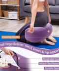 Two Piece Yoga Bolster Set With Rectangular Back Support And Crescent Neck Cushions, Measuring 25.6x9.8x6 And 16.9x10.6x5.5 Inches, Perfect For Yin, Restorative, And Deep Stretch Sessions, Moisture Resistant And Plush Cushions For Everyday Comfort, purple bolster on yoga mat for knee and hip support