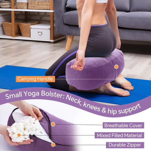 Two Piece Yoga Bolster Set With Rectangular Back Support And Crescent Neck Cushions, Measuring 25.6x9.8x6 And 16.9x10.6x5.5 Inches, Perfect For Yin, Restorative, And Deep Stretch Sessions, Moisture Resistant And Plush Cushions For Everyday Comfort, purple bolster on yoga mat for knee and hip support