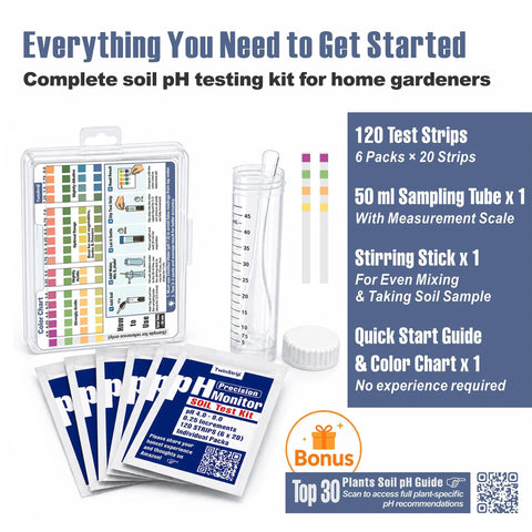 Must Have Quad Pad Four Zone Soil pH Test Strips Kit 0.25 pH Increments, 120 Count For Hydrangeas, Garden Soil, Herbs, Vegetables, Flowers, Lawns, Compost, Indoor And Outdoor Plants with strips, tube, and chart