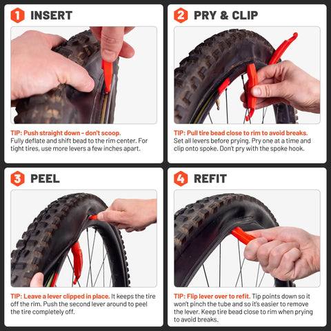 Real Deal No Scratch Bike Tire Levers Set Of Two For smooth bicycle wheel maintenance showing step-by-step tire removal process.