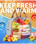Go-To Insulated Lunch Bag For Work And Travel, Leakproof Cooler Tote With Big Capacity filled with fresh fruits and containers, gray