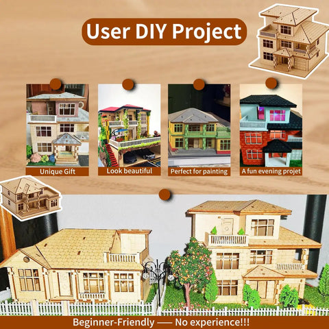 User-completed 3D Wooden Villa Puzzle Model Kit For Adults showcases painted and decorated DIY home office decor project.