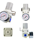Four-view collage of EcuoPix AR2000-02 air pressure regulator with 1/4 in port, gauge, and bracket.