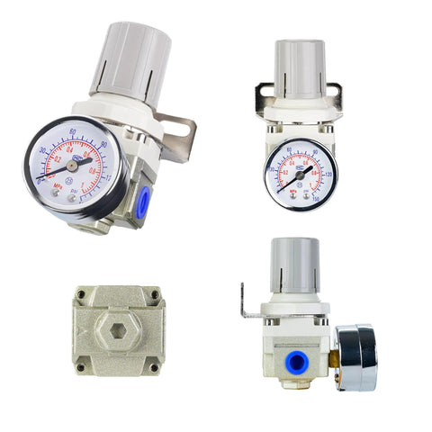 Four-view collage of EcuoPix AR2000-02 air pressure regulator with 1/4 in port, gauge, and bracket.