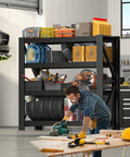 Industrial Grade Premium Badass Heavy Hitting Tough As Nails Metal Shelving Unit With Adjustable Black Steel Decks for Workshop tools and equipment storing tools and tires.
