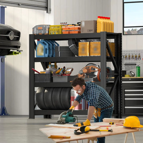 Industrial Grade Premium Badass Heavy Hitting Tough As Nails Metal Shelving Unit With Adjustable Black Steel Decks for Workshop tools and equipment storing tools and tires.