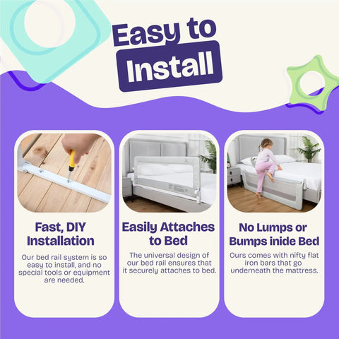 Keep Lil Ones Snuggled With This Smooth Swing Down Toddler Bed Rail, showing installation process and easy attachment to bed.