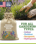 Bag of Herbal Harmony Seeds in a garden with lavender and Made in USA label; suitable for all gardening types: indoor, outdoor, aeroponic, hydroponic.