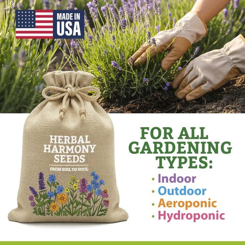 Bag of Herbal Harmony Seeds in a garden with lavender and Made in USA label; suitable for all gardening types: indoor, outdoor, aeroponic, hydroponic.