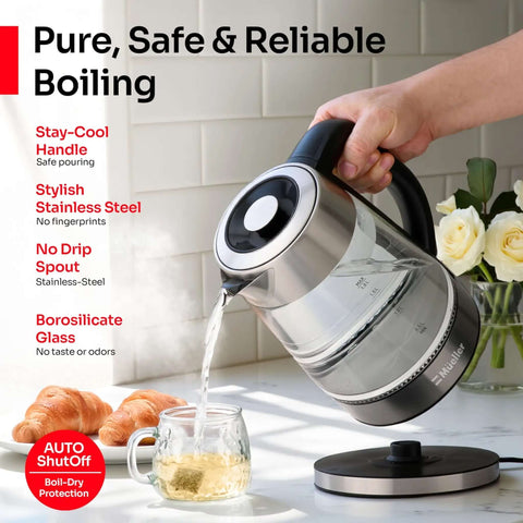 Pouring Rapid Boil Electric Tea Kettle 1.8L With Borosilicate Glass And Stainless Steel BPA Free into a glass, features listed side