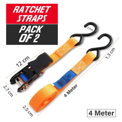 Built Tough As Nails Heavy Duty Ratchet Straps Packing 2000 Lb Break Strength Sized At One Inch By Thirteen Feet With S Hooks for secure cargo, 4 meter length, orange webbing.