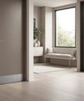 Interior view showing door with Beefy Door Kickplate 6 In By 34 In Satin Nickel Aluminum 0.32 Inch Thick for entryway protection.