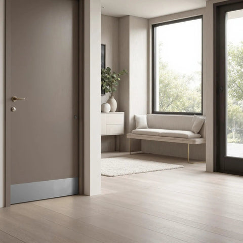 Interior view showing door with Beefy Door Kickplate 6 In By 34 In Satin Nickel Aluminum 0.32 Inch Thick for entryway protection.