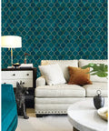 Peel And Stick Geometric Trellis Wallpaper In Sapphire Blue And Bronze Removable Contact Paper For Home And Bathroom Decor Easy Install No Mess Waterproof And Repositionable Matte Finish in living room.