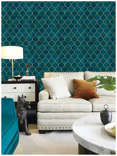 Peel And Stick Geometric Trellis Wallpaper In Sapphire Blue And Bronze Removable Contact Paper For Home And Bathroom Decor Easy Install No Mess Waterproof And Repositionable Matte Finish in living room.