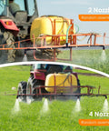 4 Nozzle Poly Boom Wand With Three Eighth Inch Brass Fitting Convertible To Two Nozzles Lightweight Garden and Farm Spray Wand Handy For Easy Hose Connection and All Around Watering in use on a tractor in a field, showing 2 nozzles and 4 nozzles configurations.