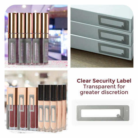 Clear RF 8.2MHz Security Label For EAS Checkpoints on retail packaging, showcasing anti-theft 65x20mm size.