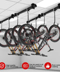 Ceiling mounted bike rack for garage and basement, heavy duty hangers with rubber pads, adjustable ceiling hooks for bikes.