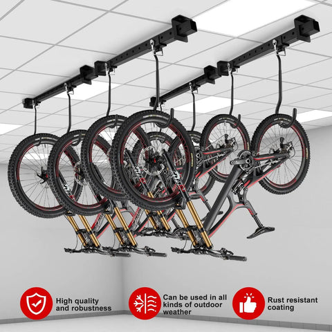 Ceiling mounted bike rack for garage and basement, heavy duty hangers with rubber pads, adjustable ceiling hooks for bikes.