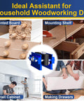 Collage of Steady Self Centering Dowel Jig Kit used on jointed boards, mounting shelves, installing cabinets, and making drawers.