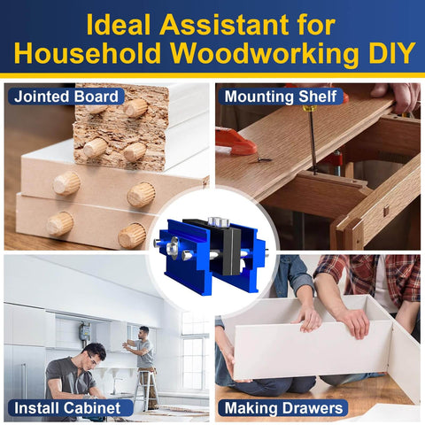 Collage of Steady Self Centering Dowel Jig Kit used on jointed boards, mounting shelves, installing cabinets, and making drawers.