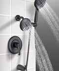 Shower Tub Kit With 2 In 1 Handheld And Rain Shower Head System, 35 Modes, Valve Included, No-Fuss Single-Handle Tub And Shower Trim Kit, Oil Rubbed Bronze Finish shown in tiled bathroom