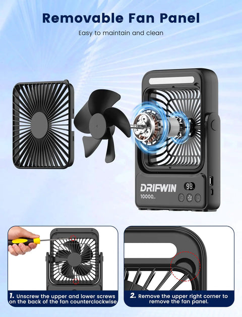 Exploded view of Cruise Certified Portable Fan With Night Light 10000mAh Ultra Slim Travel Fan 4 Speed Modes Hook Design Go-To Companion