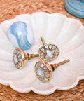 Set Of Four Premium Mother Of Pearl Decorative Drawer Knobs With Gold Embroidered Detailing For Kitchen Cabinets And Dressers