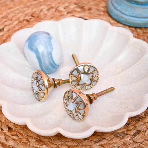Set Of Four Premium Mother Of Pearl Decorative Drawer Knobs With Gold Embroidered Detailing For Kitchen Cabinets And Dressers