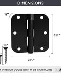 Heavy Duty Matte Black Interior Door Hinges Set Of 48 For Three Point Five By Three Point Five Inch Doors With Five Eighth Inch Radius Corners Durable Black Hardware For Living Room Office Bedroom Hallway And More showing hinge dimensions and screws
