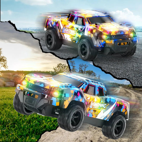 Remote Control Pickup RC Car 1 To 24 Scale With Light Up LED Effects driving on pavement and grass