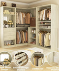 Hella Durable 97 Inch Modular Closet System With Four Hang Rods And Storage Bench 2500 Pound Heavy Duty White Oak Walk In Wardrobe Organizer with clothes