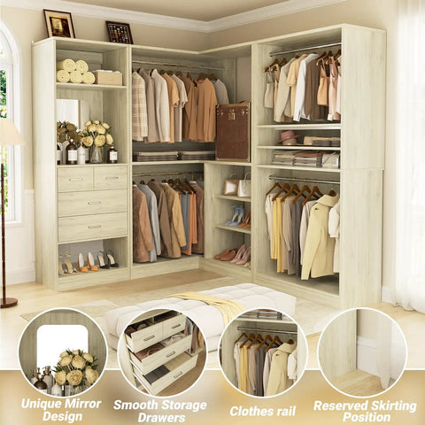 Hella Durable 97 Inch Modular Closet System With Four Hang Rods And Storage Bench 2500 Pound Heavy Duty White Oak Walk In Wardrobe Organizer with clothes