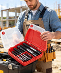 Top Rated 6-Piece Screw Extractor Set Made From Heavy Duty Carbon Steel in red case at construction site