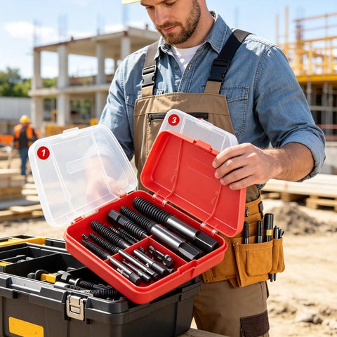 Top Rated 6-Piece Screw Extractor Set Made From Heavy Duty Carbon Steel in red case at construction site